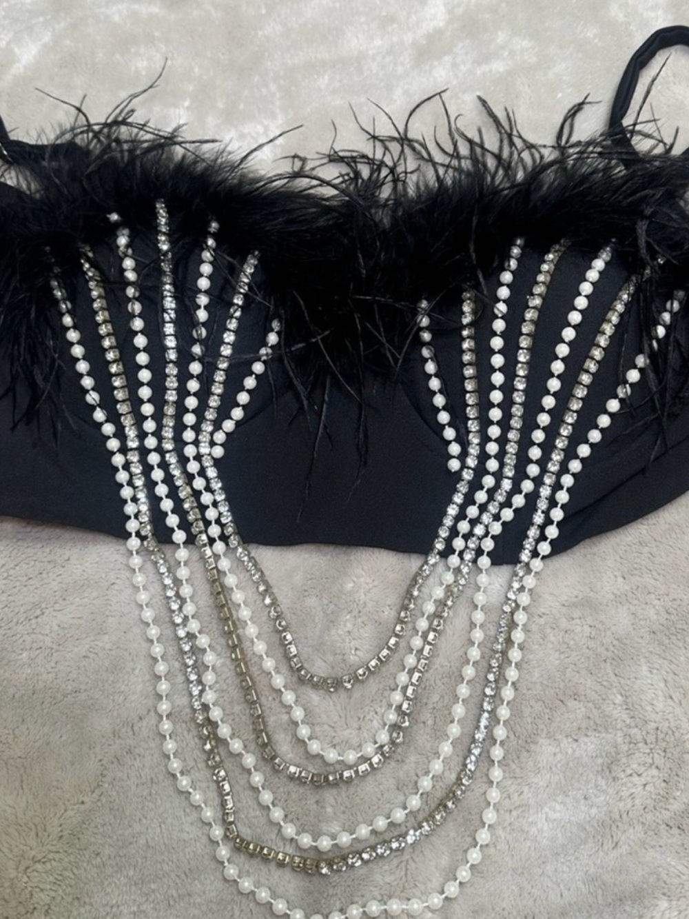 Black Feather Bra Top with Pearl & Rhinestone Drapes